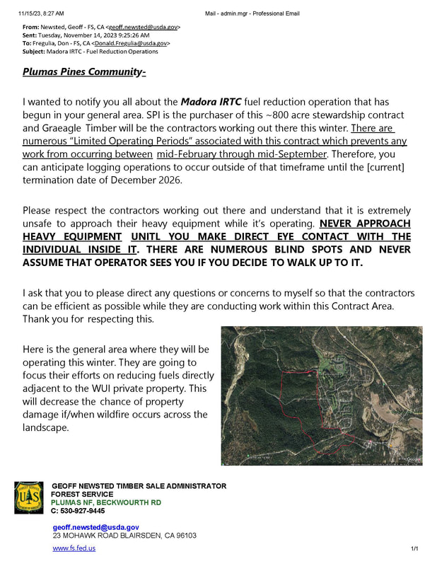 Notice from Forest Service to Plumas Pines Community.  Image is linked to the pdf.